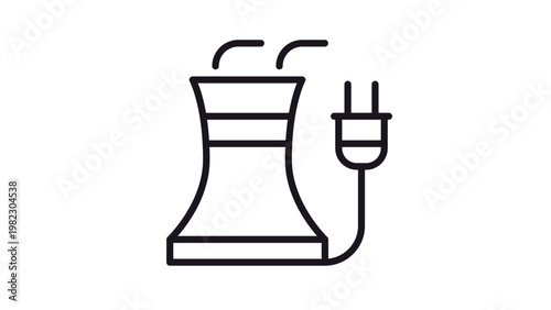 Vector illustration of a nuclear power plant cooling tower with an electric plug, representing atomic energy generation, electricity supply, and industrial power station symbol in black.