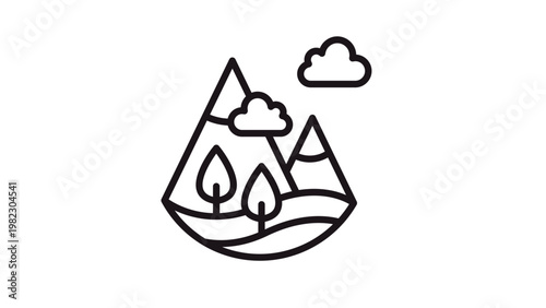 Minimalist black line art vector icon of a mountain landscape featuring snow-capped peaks, evergreen trees, rolling hills, and fluffy clouds, isolated on a white background for graphic design.