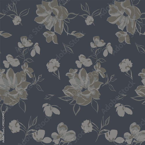 A sophisticated seamless wallpaper pattern featuring elegant floral motifs in dark charcoal gray