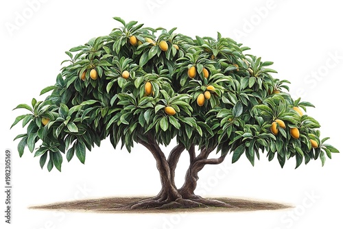 A cartoon mango tree with a rounded crown of green leaves and a few hanging mangoes, on a white background 