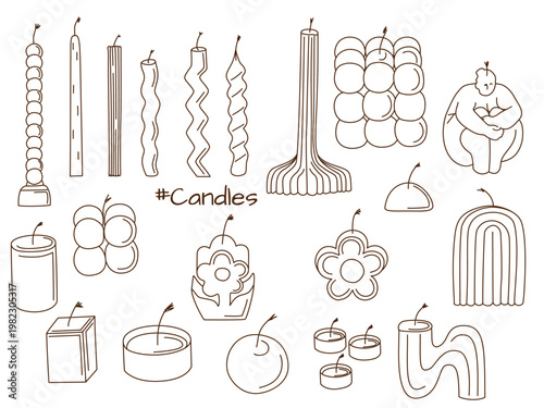 Minimal candles doodles collection. Art for greeting cards, wedding invitations, poster design, postcards, branding, logo design, background.