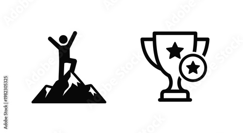 A triumphant figure celebrates atop a mountain next to a trophy icon