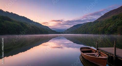 A serene lake scene at dawn with a wooden boat and dock surrounded by lush green mountains