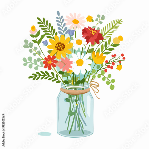 Wiesenblumenstrauß im rustikalen Glas