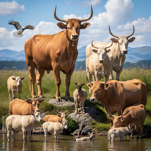 A serene scene of cows and calves gathered around a tranquil body of water in a picturesque natural setting.