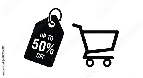 A black tag displaying a sale and a shopping cart icon are shown