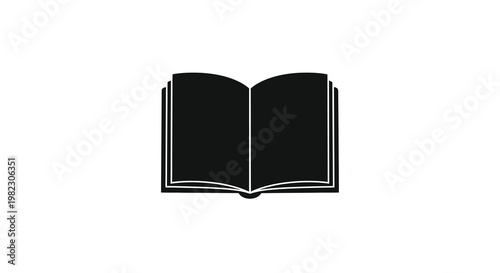 A simple black silhouette depicts an open book showcasing blank pages and a bound spine