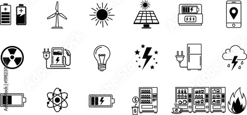 Energy Icons Set with Renewable Energy, Batteries, Solar Panels, Electric Devices, and Environmental Symbols for Sustainability and Green Technology