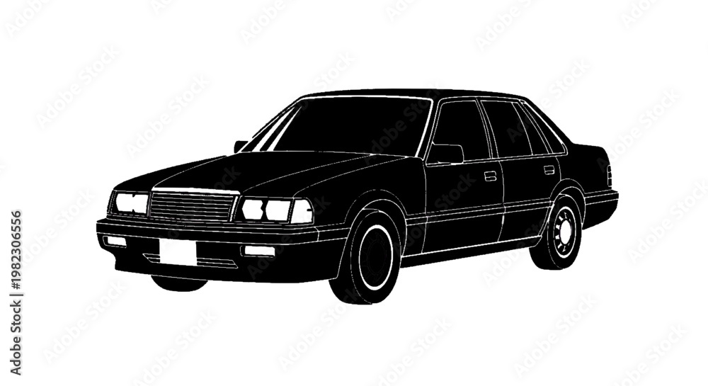 Fototapeta premium Vector illustration of silhouette of a classic 1990s sedan car on a transparent background