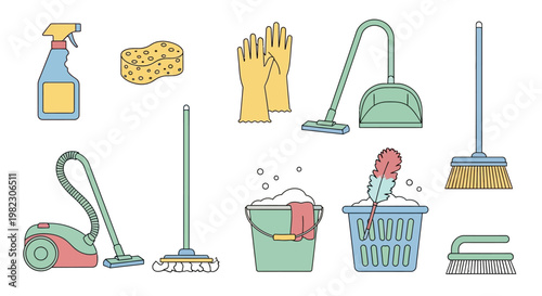 Cleaning supplies and tools collection.