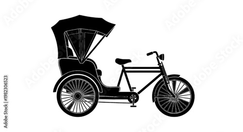 Vector illustration of silhouette of a traditional cycle rickshaw for passenger transportation on a transparent background