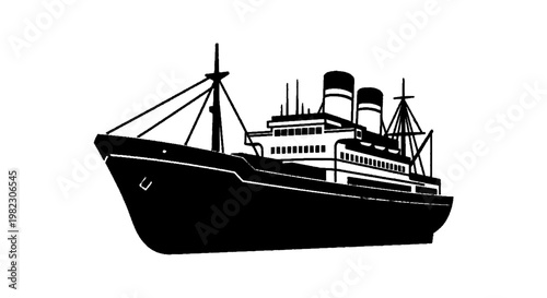 Vector illustration of black and white silhouette illustration of a cargo ship on a transparent background