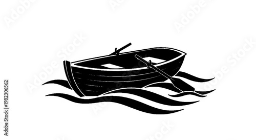 Vector illustration of illustration of a wooden rowboat with oars floating on stylized water waves on a transparent background