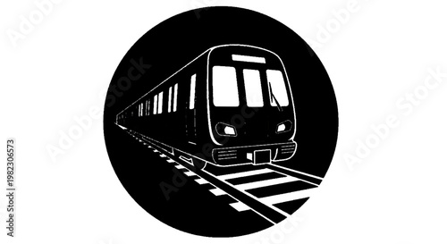 Vector illustration of black and white icon of a subway train moving on tracks inside a circle on a transparent background