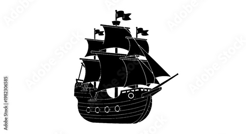 Vector illustration of silhouette of a vintage wooden sailing ship with multiple masts and sails on a transparent background