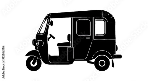 Vector illustration of black silhouette of a threewheeled auto rickshaw or tuktuk on a transparent background