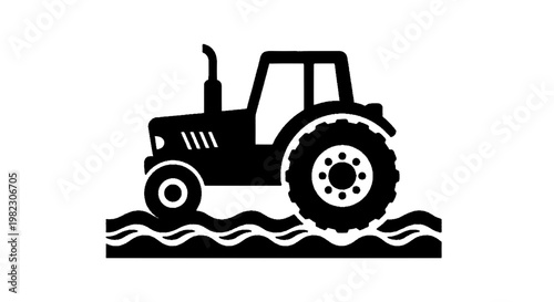 Vector illustration of black silhouette icon of a tractor driving on a plowed field on a transparent background