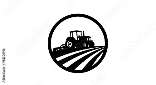 Vector illustration of tractor icon in a circle, farming equipment symbol, agricultural machinery logo on a transparent background
