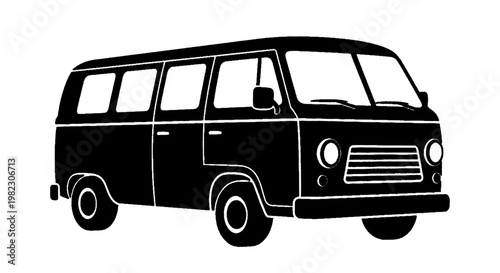 Vector illustration of black silhouette of a vintage passenger van on a transparent background