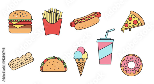 Colorful fast food items on white.