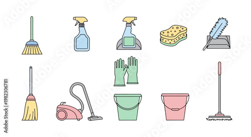 Cleaning supplies and tools icons set.