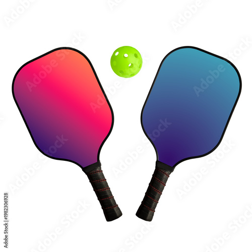 Vividly gradient pickleball paddles paired with a neon green ball, showcasing recreational sports equipment. Color gradient pickleball paddles with vibrant green hole-pattern ball