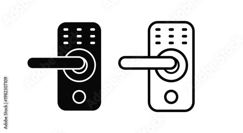 Two black and white illustrations of modern smart lock door handles are shown