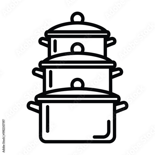 Kitchen cooking equipment icon featuring a stack of three nested metal pots with lids saucepans utensils cookware