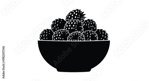 A black and white illustration depicts a bowl abundantly filled with ripe blackberries high quality professional