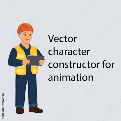 Vector senior electrician or foreman character constructor for animation. Mature worker in safety vest with digital tablet on layers. Ready to animate flat design person for industrial graphics.