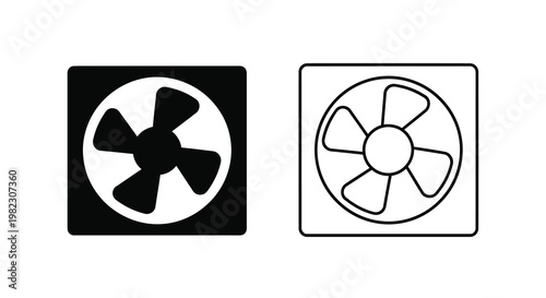 Two simple black and white icons depicting circular ventilation fans in squares