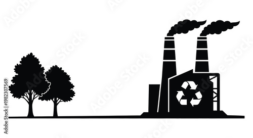 A stark black and white illustration depicts industrial chimneys emitting smoke near trees high quality professional