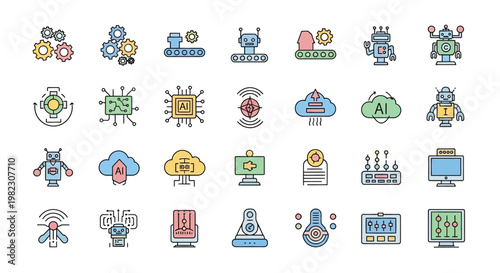 Colorful robot icons and symbols.