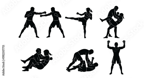 Silhouette illustrations of various martial arts poses and movements in action.