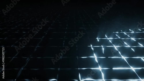 Futuristic digital grid surface with glowing neon lines at low angle
