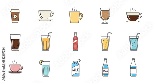 Variety of drinks and beverages icons.
