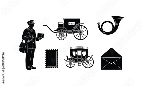 Historical icons representing the evolution of mail delivery and postal services