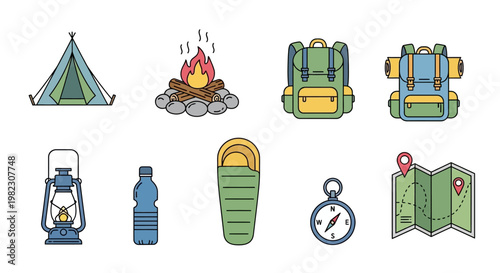 Camping gear and accessories illustration set.