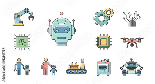 Robot Technology Industrial Automation Icons.