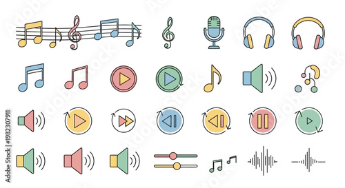Collection of audio music playback icons.