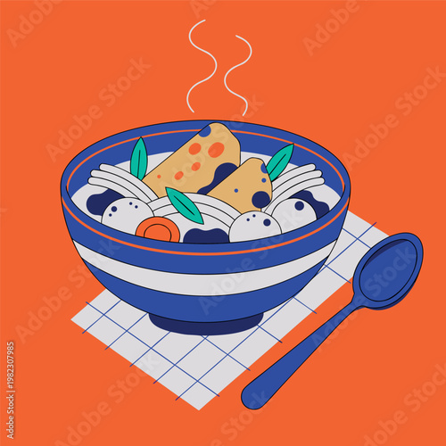 Flat vector illustration of a steaming bowl of chicken soup with vegetables