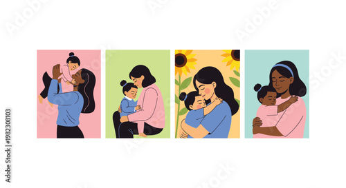 Four women in hijab using smartphones, in different colors woman screen technology