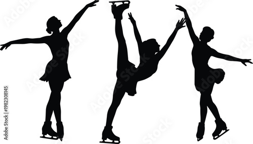 Figure skating silhouettes set, female skaters performing jumps and spins, winter sport vector illustration collection
