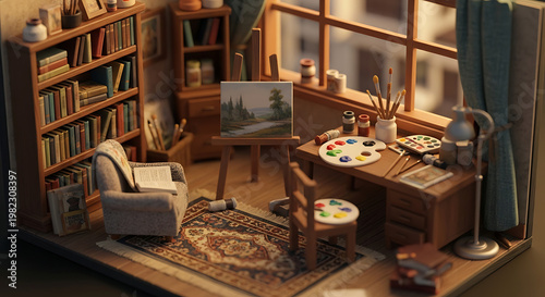 A miniature artist's studio with a desk, chair, and easel by the window, surrounded by books and art supplies