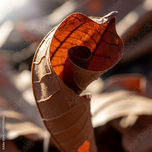 A close-up of a curled brown leaf with intricate veins and a blurred background