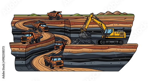 Heavy machinery at mining excavation site.