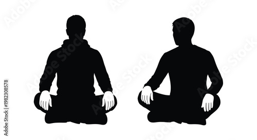 Two silhouetted figures are depicted sitting cross legged facing forward with hands resting on knees
