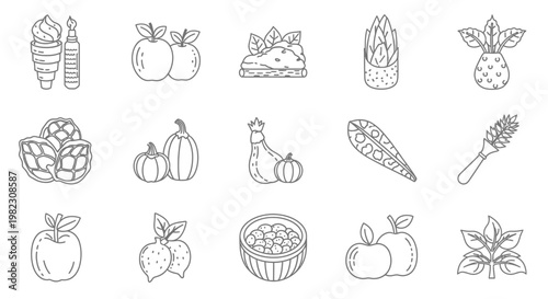 Variety of fruits and vegetables icons.