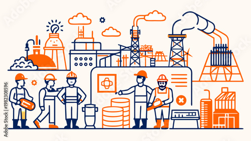 Industrial manufacturing and engineering - workers in a factory, oil and gas industry, illustration