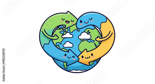 Earth with smiling faces hugging.